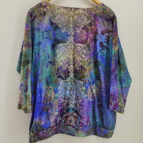 Chicos Top Womens size Large 12 Multicolor Abstract 3/4 Dolman Sleeve Art 2 Wear - Picture 2 of 9